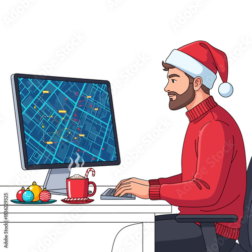 Flat 2D vector illustration depicting a youthful, modern Santa Claus working at a clean desk, optimizing global delivery routes on a large computer screen displaying a digital seamless map.
