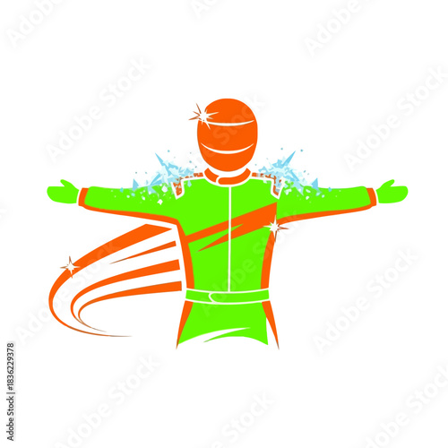 Racing Driver Celebrating Victory with Open Arms and Sparkling Energy