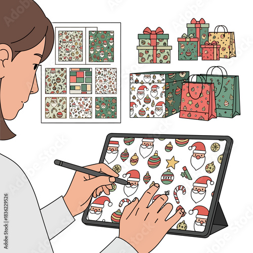Ilustrasi vektor 2D: Perancang grafis wanita membuat pola mulus Natal (wajah Sinterklas minimalis, ornamen cerah) di tablet, dengan swatches pola akhir ditampilkan di papan studio.