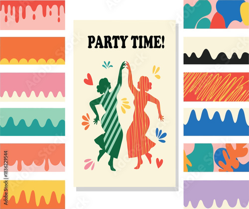 A vibrant vector illustration for a party, featuring two abstract dancing figures surrounded by colorful decorative elements and playful borders. A joyous scene of fun.