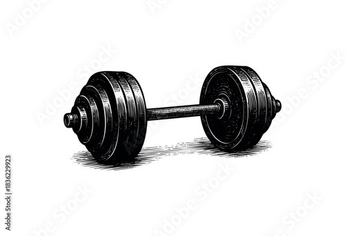 Vintage engraved illustration of a barbell with weights — stock vector.