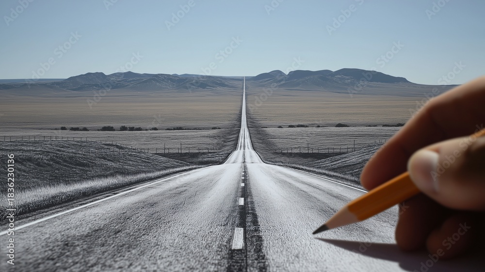 Naklejka premium Giant pencil drawing realistic road into horizon, blending creativity with reality, open landscape, mountains in distance, imaginative and surreal concept