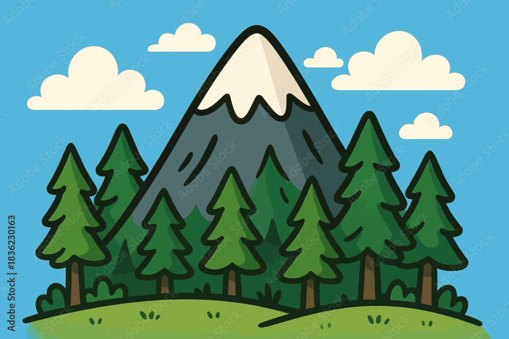Obraz premium vector illustration of a cartoon mountain trees clouds