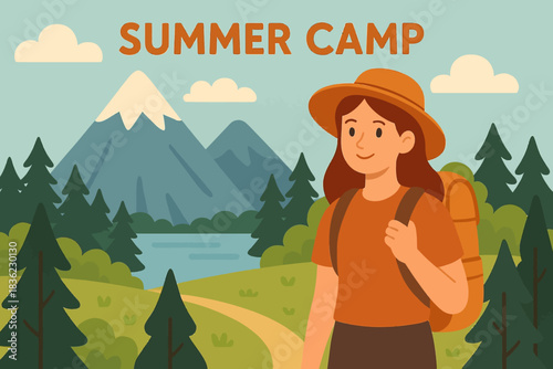 vector illustration of a Summer camp background with woman in front of mountain