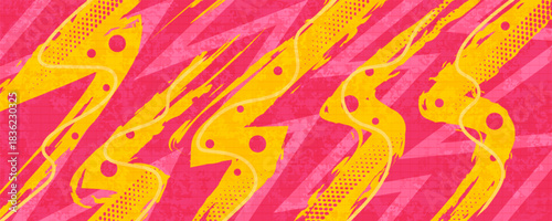 Abstract Background with Yellow Brush Strokes on a Pink Background in Pop Art Grunge Style. Hand Drawn Memphis Background for Posters or Banners