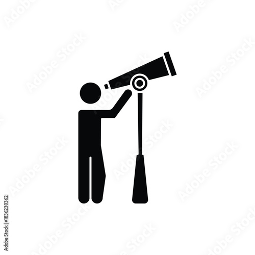 Solid icon of a leader looking through a telescope, symbolizing vision, strategy, foresight, and planning. Ideal for business, leadership, goals, and future concepts.