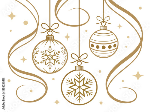 Festive golden Christmas decorations displayed together, forming a bright shimmering background ideal for seasonal artwork and elegant holiday celebration themes.