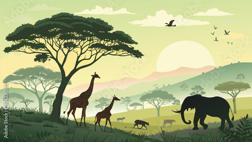 African savanna landscape silhouette with wildlife at sunset