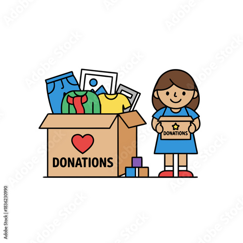 Illustration of a young girl holding a donation box filled with clothes and pictures with a larger donation box labeled donations and a heart symbol in front of a plain background
