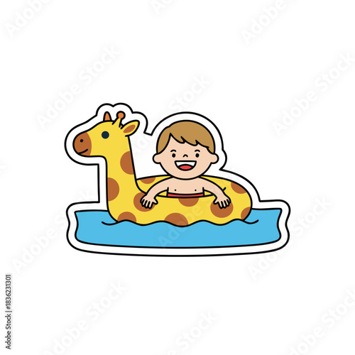 Joyful Young Boy With Blond Hair Enjoys a Swim Ring Shaped Like a Giraffe While Floating in Blue Water on a Sunny Day Wearing a Red Swimsuit Shirt and Smiling Widely