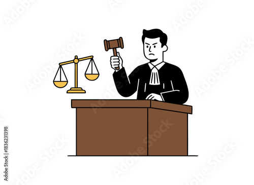 Judge With Gavel And Scales Of Justice In Courtroom