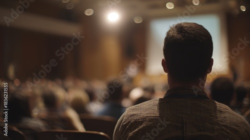 Man with short dark hair listens from behind in a crowded conference hall