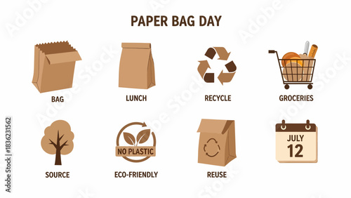 Graphic displaying eight brown icons related to paper bags for Paper Bag Day