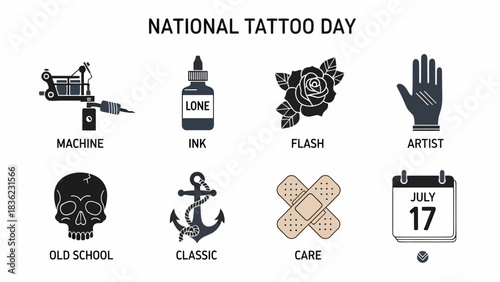 Graphic icons celebrating National Tattoo Day on July 17