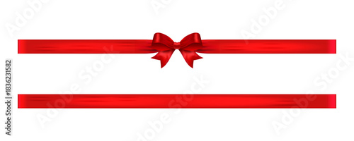 Red ribbon bow with lower ribbon band, glossy vector divider for certificates, gift packaging, greeting layouts and holiday decoration