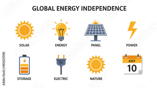 Graphic icons illustrating components and concepts related to global energy independence