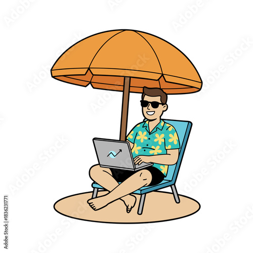 Man in Hawaiian Shirt Relaxing Under Beach Umbrella Working on Laptop with Ocean View