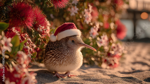 Cute kiwi bird wearing Santa Claus hat sitting under blooming pohutukawa tree (Metrosideros excelsa) on the beach on a sunny day. Iconic New Zealand's native tree and endemic bird.