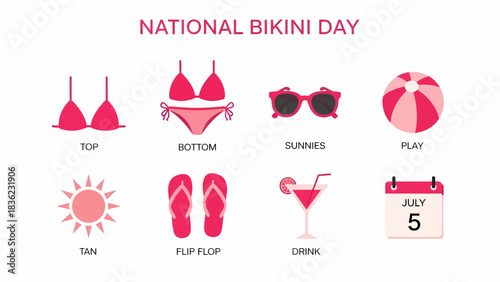 Pink icons for National Bikini Day bikini parts sunnies ball sun flipflops drink and calendar showing July 5