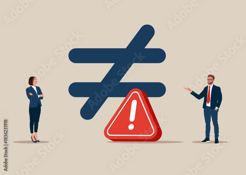 Injustice, unfairness symbol with exclamation attention sign. Gender pay gap, inequality between man and woman wage income, issue about gender diversification. Vector flat illustration