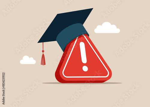 Exclamation attention sign wearing academic mortarboard hat. Study abroad world education curriculum, overseas school, college and university. Vector flat illustration 