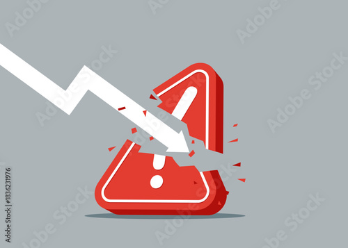 Arrow strongly hit a exclamation attention sign.  Incident management, solving problem, identify risk. Vector illustration