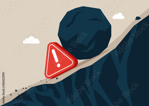 Exclamation attention sign holds huge stone up the hill. Business problem crisis hardship and burden concept. Vector Illustration.