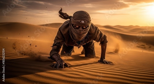 Fototapeta Naklejka Na Ścianę i Meble -  A creature struggles across the scorching desert sand dunes in pursuit of survival