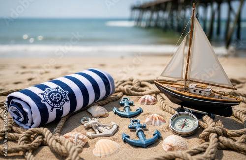 Model sailboat and nautical accessories arranged on sandy beach near pier