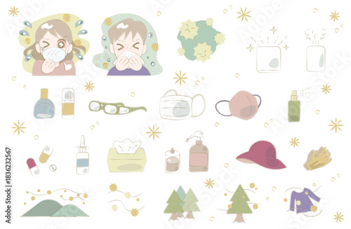 Allergy Prevention Items and Seasonal Hay Fever Illustration Set