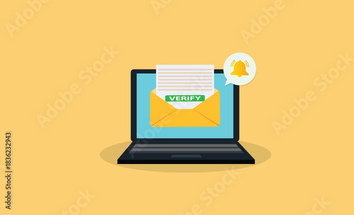Laptop with a bell notification and verify mail. .Reminder on desktop. New message notification 