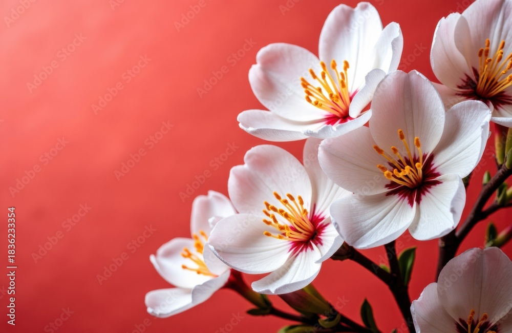 Obraz premium White plumeria blossoms bloom against red backdrop, radiating tropical freshness