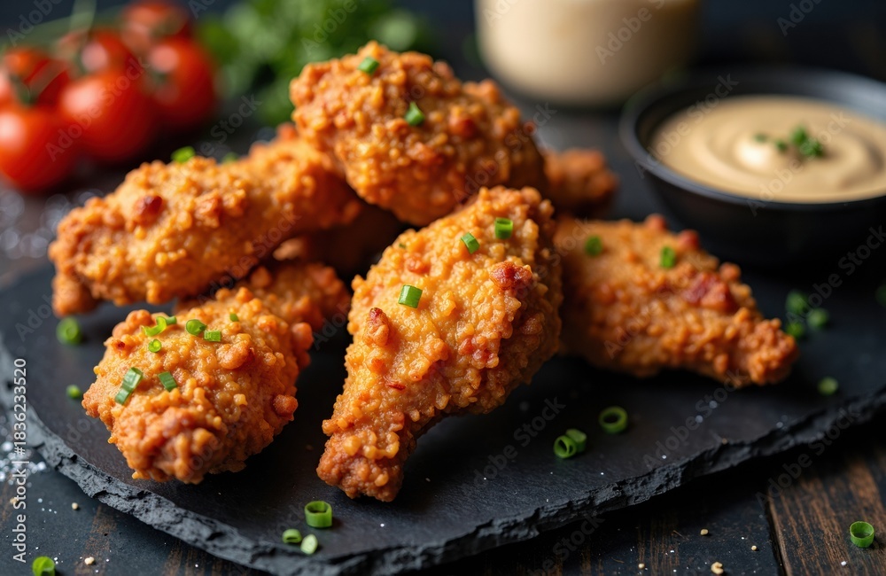 Fototapeta premium Crispy fried chicken bites on a dark slate with creamy dipping sauce and crunch