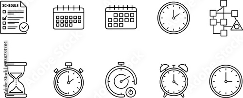 Collection of Time Management and Planning Icons Schedule Calendar Clock Stopwatch Hourglass and Flowchart Symbols Vector Set