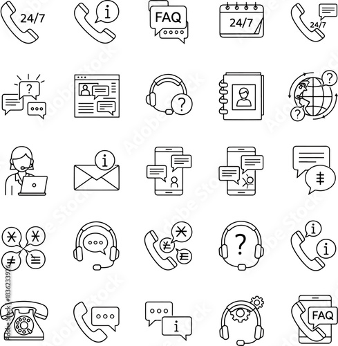 Collection of Support and Communication Icons featuring Call Center Agents, Phones, Emails, FAQs, and Chat Bubbles, representing customer service and assistance