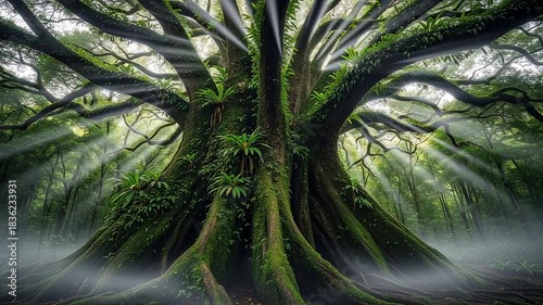 Mystical Tree of Life - Sunbeams and Fog in Enchanted Forest.