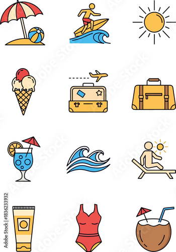Collection of Summer Vacation Icons Beach Holiday Travel and Leisure Activities Set Vector Illustration