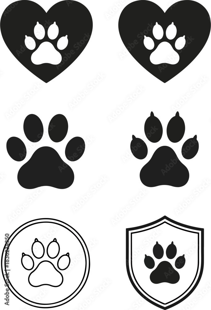 Fototapeta premium Collection of Paw Print Icons in Various Styles including Hearts Shields and Simple Outlines Perfect for Pet Related Designs