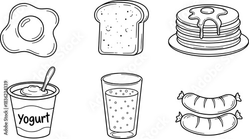 Collection of Popular Breakfast Food Icons and Illustrations Including Fried Egg, Pancakes, Toast, Yogurt, Drink, and Sausages