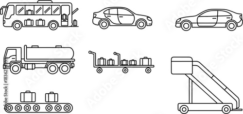 Collection of outline icons representing various modes of transport and airport equipment, including bus, cars, truck, luggage cart, conveyor belt and airstair