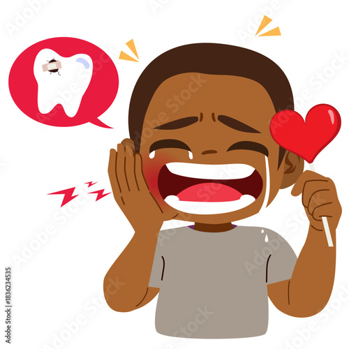 Cartoon vector illustration of a cute Black elementary student boy crying, holding a heart-shaped lollipop and touching his cheek due to toothache