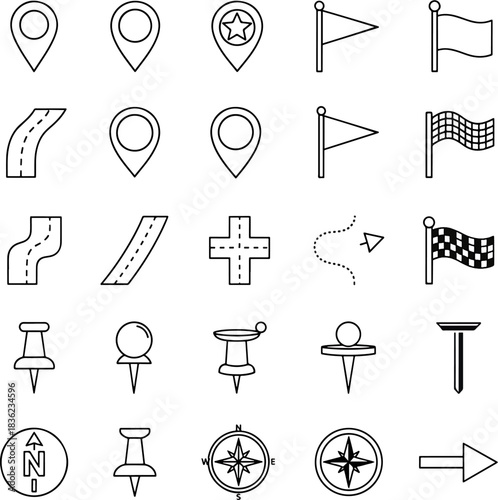 Collection of Navigation and Location Icons Including Maps Pins, Roads, Flags, Compasses, Pushpins, and Arrow Symbol