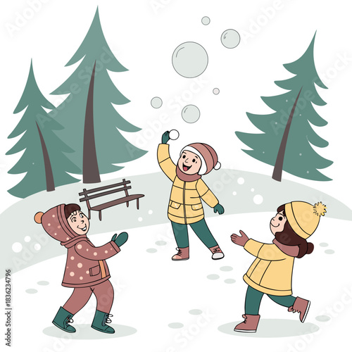 Children Enjoying a Snowball Fight in a Winter Wonderland.