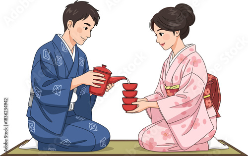 Japanese Couple Sharing Sake Cups San San Kudo Ceremony in Traditional Kimono – New Year Celebration Ritual Sitting on Tatami – Vector Illustration