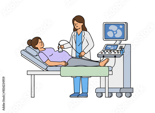 Medical professional performing an ultrasound on a pregnant woman lying on an examination table with a large ultrasound machine displaying an image on its screen