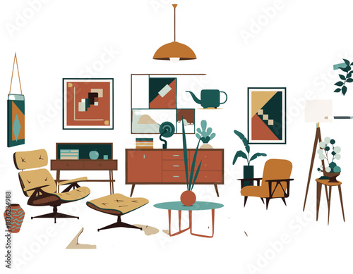 Mid Century Modern Living Room With Retro Furniture And Abstract Art Displayed On Walls Cozy Interior Design Scene