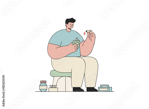 Man Sitting on a Chair Holding Pills and Medication Bottles With Abstract Thought Bubbles Representing Anxiety and Stress In A Flat Vector Illustration Style