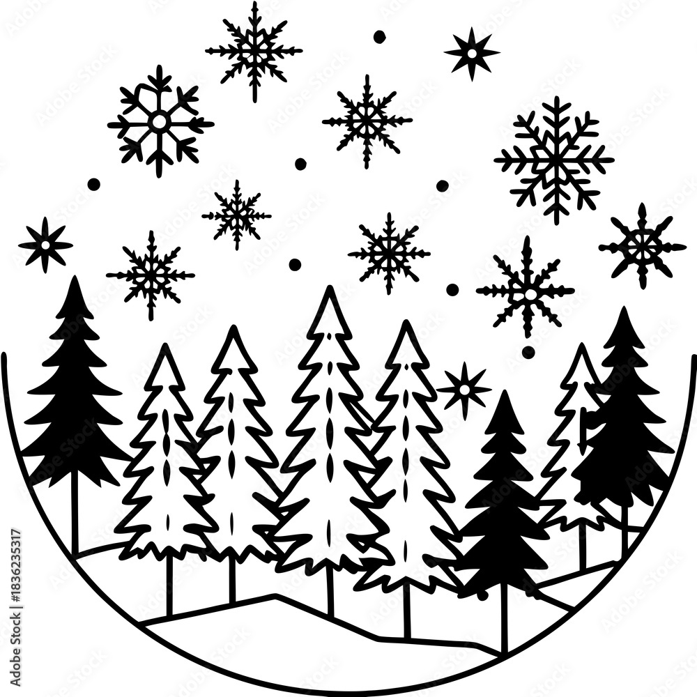 Obraz premium Winter Forest Scene with Snowflakes and Evergreen Trees.