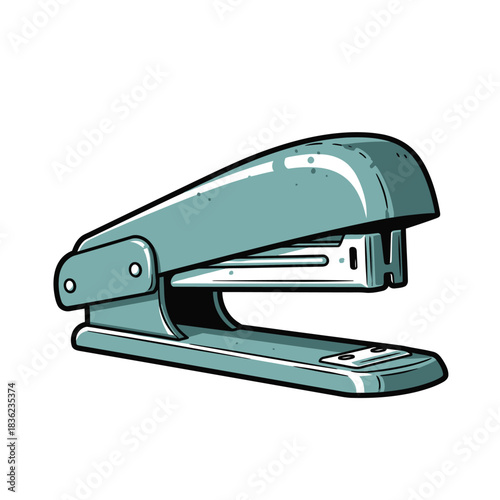 Illustration of a teal stapler with black outline on white background.