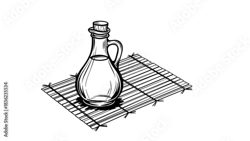 Bottle of oil on bamboo mat